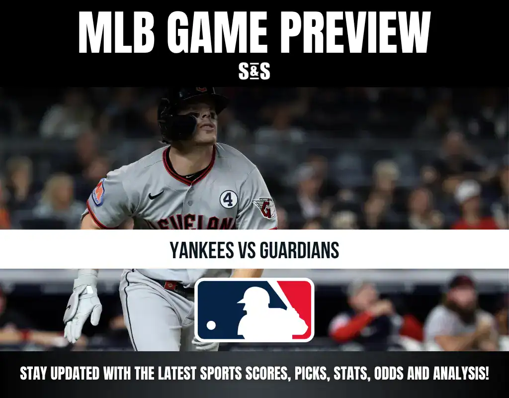 MLB game preview featuring Yankees vs Guardians, with an image of a player in action and promotional text for sports updates.