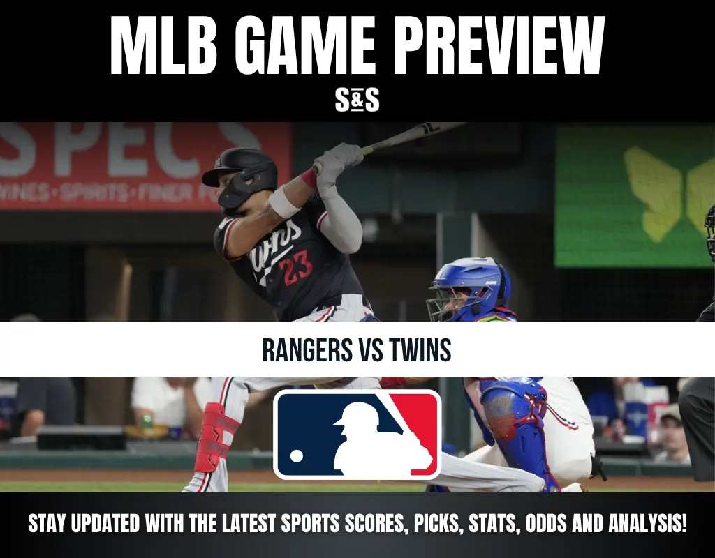 MLB Game Preview with a focus on the Rangers versus Twins game, featuring a player batting.