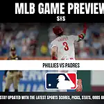 MLB Game Preview for Phillies vs Padres with a player in a red jersey and the MLB logo displayed.