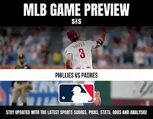 MLB Game Preview for Phillies vs Padres with a player in a red jersey and the MLB logo displayed.