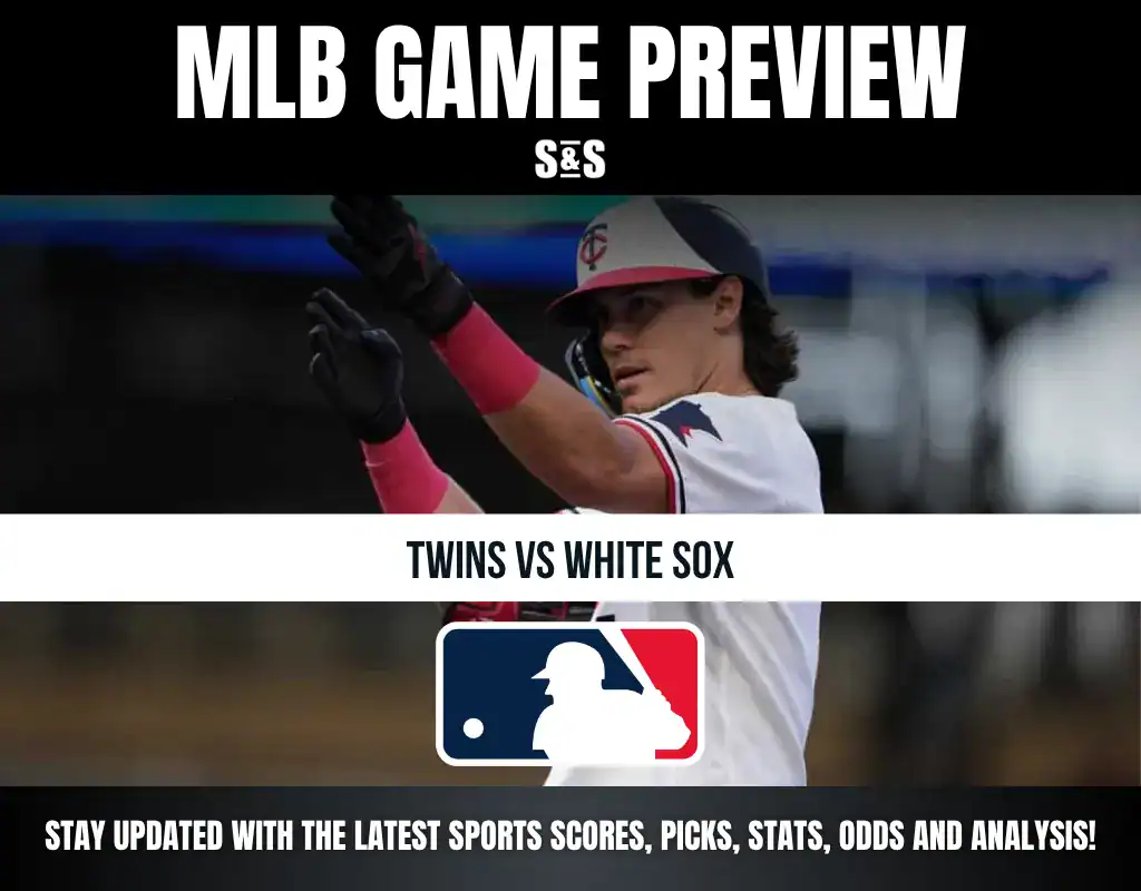 MLB Game Preview: Twins vs White Sox, with a graphic featuring the MLB logo and a call to stay updated with the latest sports scores, picks, stats, odds, and analysis.