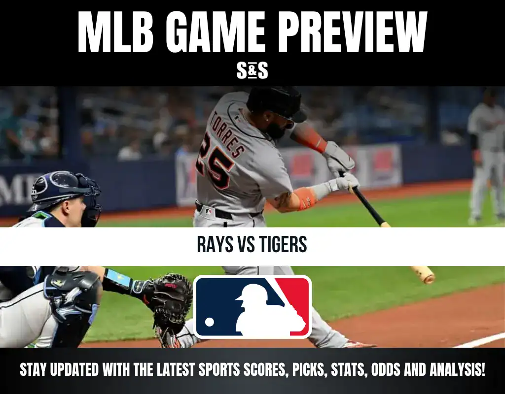 MLB Game Preview: Rays vs Tigers, featuring player at bat with a catcher in the foreground. Stay updated with the latest sports scores, picks, stats, odds and analysis!