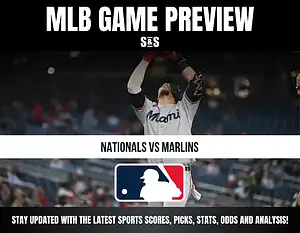 MLB Game Preview featuring Nationals vs Marlins with a player celebrating in the background.