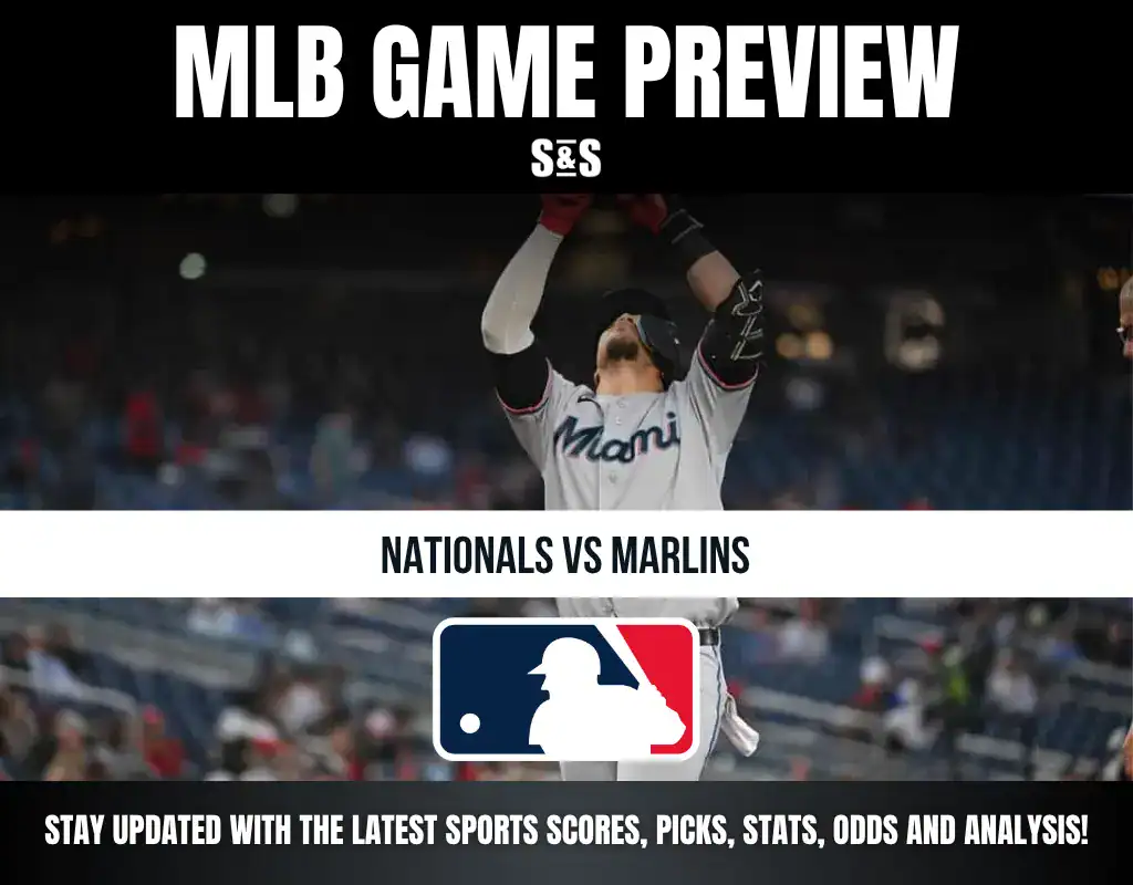 MLB Game Preview featuring Nationals vs Marlins with a player celebrating in the background.