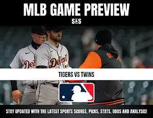 MLB Game Preview featuring a matchup between the Tigers and Twins, with text promoting updates on sports scores, picks, stats, odds, and analysis.