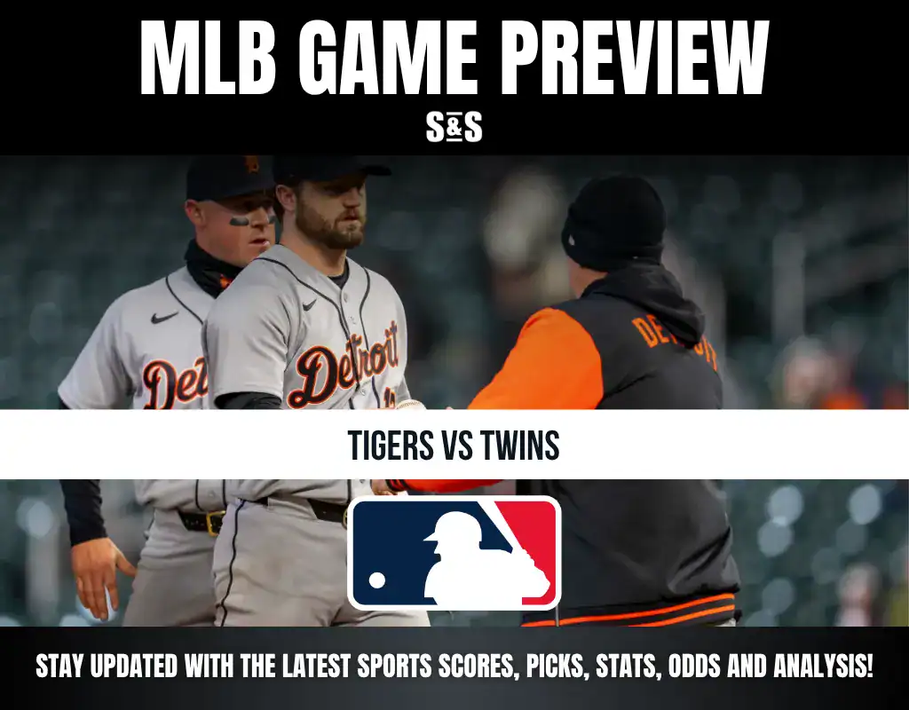 MLB Game Preview featuring a matchup between the Tigers and Twins, with text promoting updates on sports scores, picks, stats, odds, and analysis.