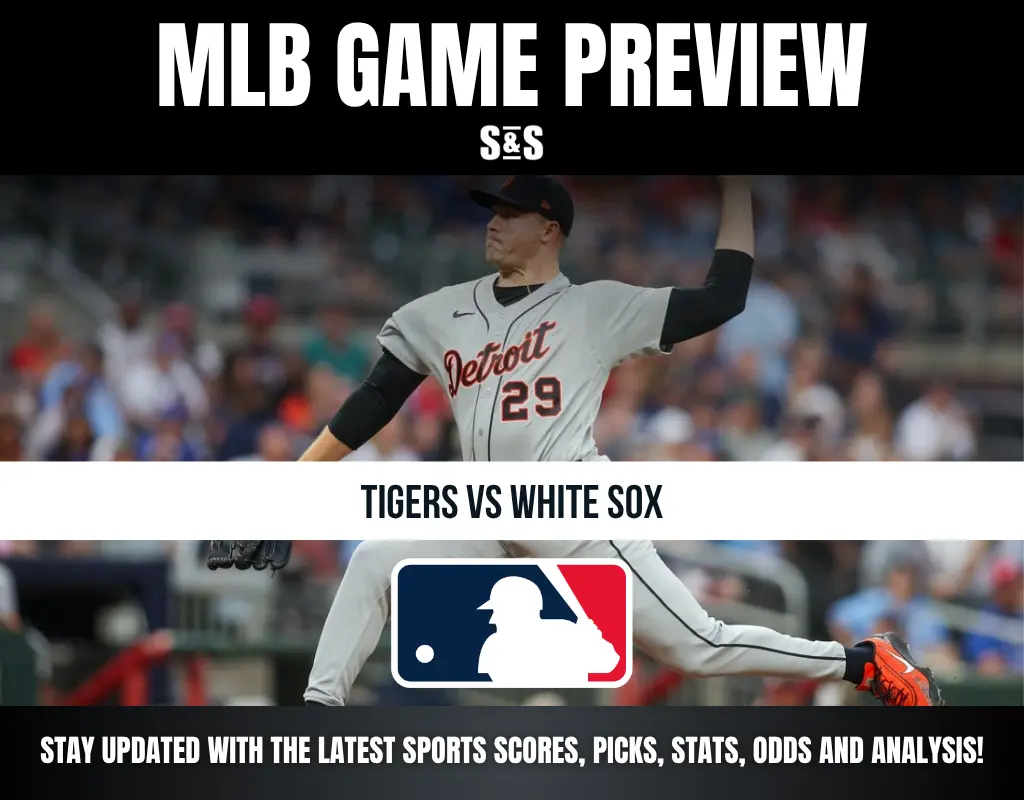 MLB Game Preview featuring a player from the Detroit Tigers and text indicating a matchup between the Tigers and White Sox, along with a prompt to stay updated on sports scores and analysis.