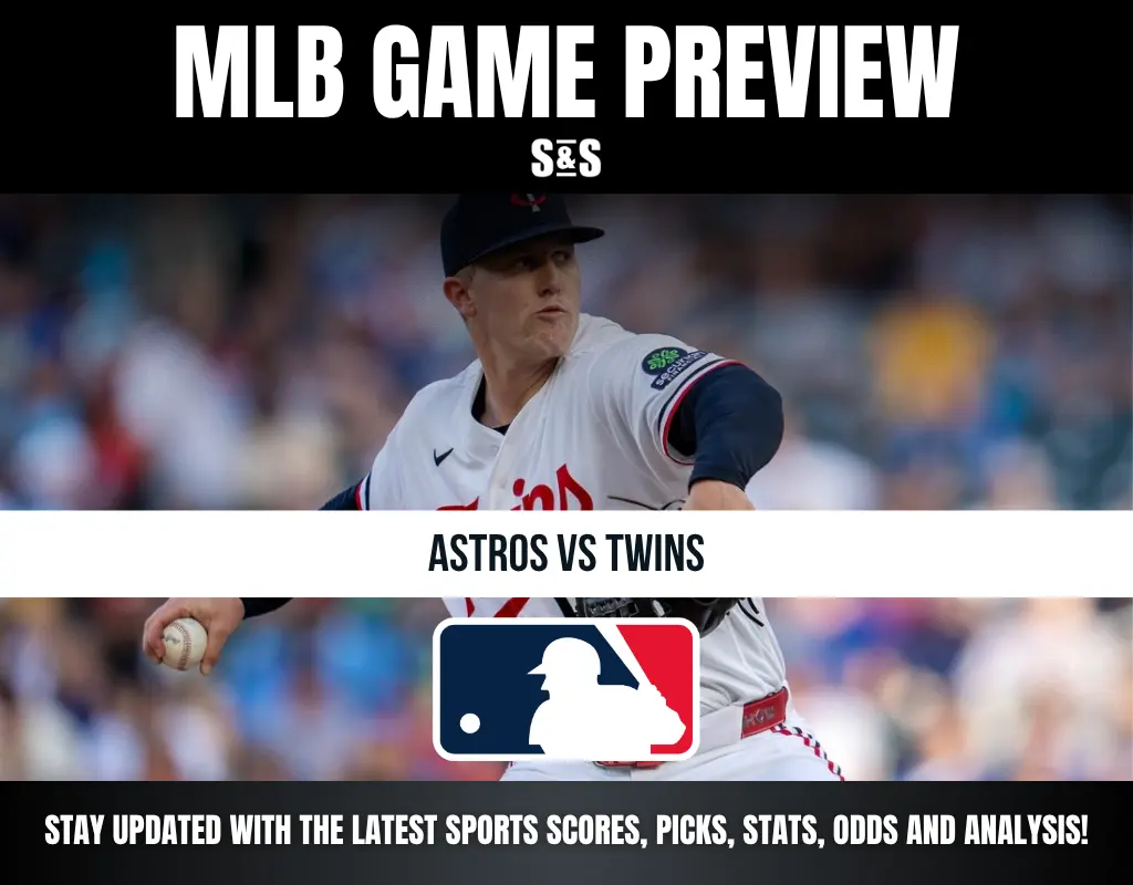 MLB Game Preview featuring a matchup between the Astros and Twins, with a call to stay updated on sports scores, picks, stats, odds, and analysis.