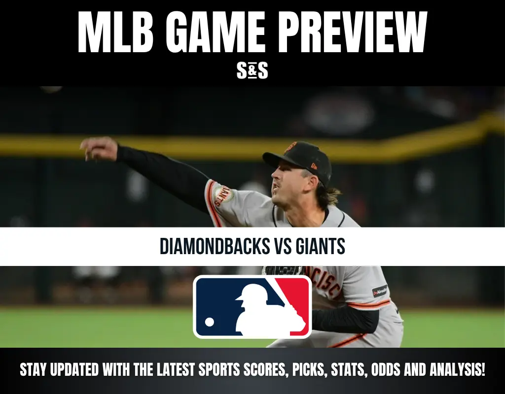 MLB game preview graphic featuring a San Francisco Giants pitcher in action, highlighting Diamondbacks vs Giants matchup.
