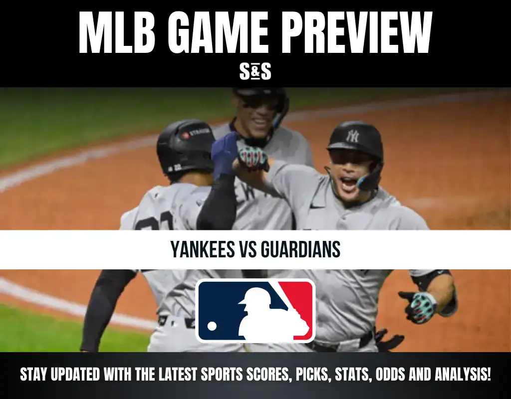 MLB Game Preview featuring Yankees vs Guardians with players celebrating.