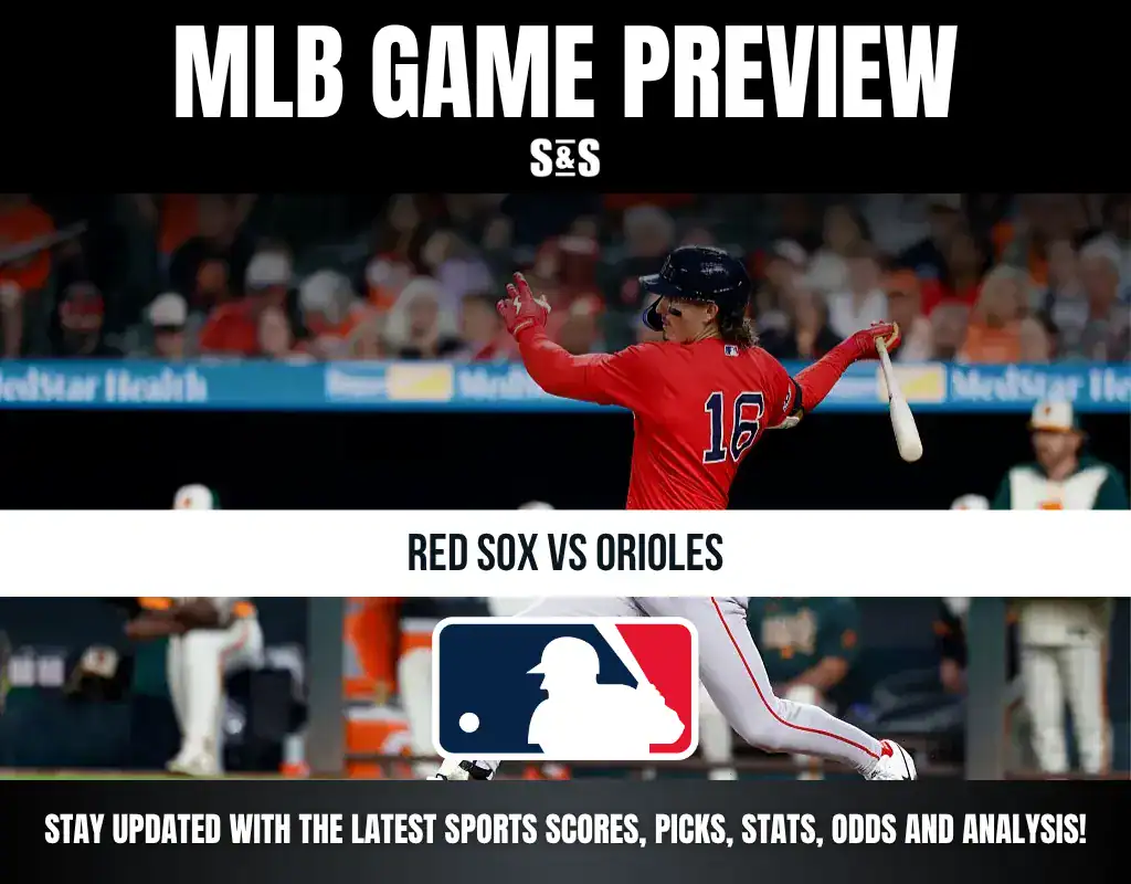 MLB Game Preview featuring a player from the Red Sox against the Orioles, with a logo of Major League Baseball.