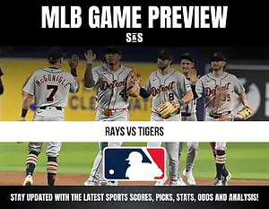 MLB Game Preview graphic featuring the Detroit Tigers and Tampa Bay Rays, with the text "Stay updated with the latest sports scores, picks, stats, odds and analysis."