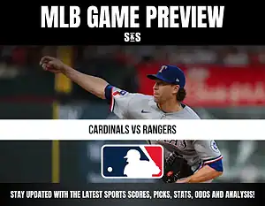 MLB Game Preview featuring a Texas Rangers pitcher with text indicating the matchup between the Cardinals and Rangers, along with a prompt to stay updated on sports scores, picks, stats, odds, and analysis.
