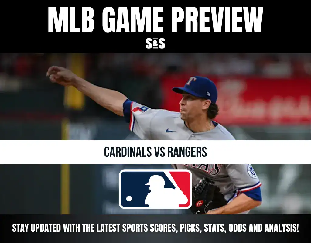 MLB Game Preview featuring a Texas Rangers pitcher with text indicating the matchup between the Cardinals and Rangers, along with a prompt to stay updated on sports scores, picks, stats, odds, and analysis.