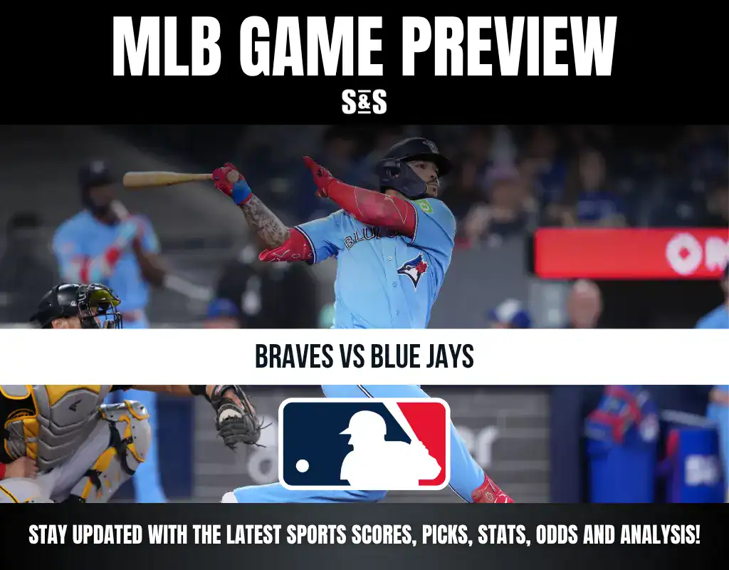 MLB game preview featuring Braves vs Blue Jays, with a player swinging a bat in the background.