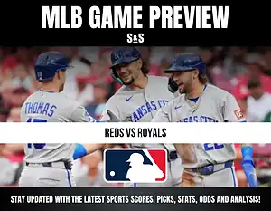 MLB Game Preview featuring the Kansas City Royals players celebrating, with the matchup highlighted as Reds vs Royals, along with a logo of Major League Baseball and a note for staying updated on sports scores, picks, stats, odds, and analysis.