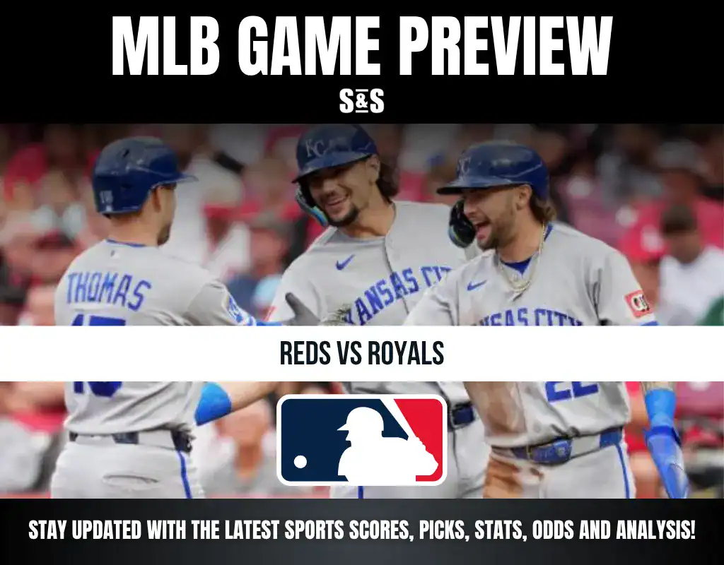 MLB Game Preview featuring the Kansas City Royals players celebrating, with the matchup highlighted as Reds vs Royals, along with a logo of Major League Baseball and a note for staying updated on sports scores, picks, stats, odds, and analysis.