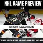 NHL game preview featuring a matchup between the Hurricanes and Golden Knights, with a referee overseeing the action on the ice.
