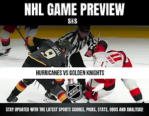 NHL game preview featuring a matchup between the Hurricanes and Golden Knights, with a referee overseeing the action on the ice.