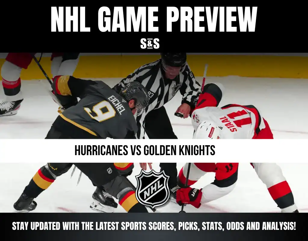 NHL game preview featuring a matchup between the Hurricanes and Golden Knights, with a referee overseeing the action on the ice.