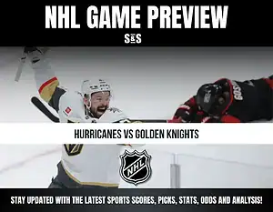 NHL Game Preview featuring Hurricanes vs Golden Knights, with a call to stay updated on the latest sports scores, picks, stats, odds, and analysis.