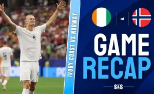 Soccer player celebrating on field during Ivory Coast vs Norway match, accompanied by game recap graphic with both countries' flags.