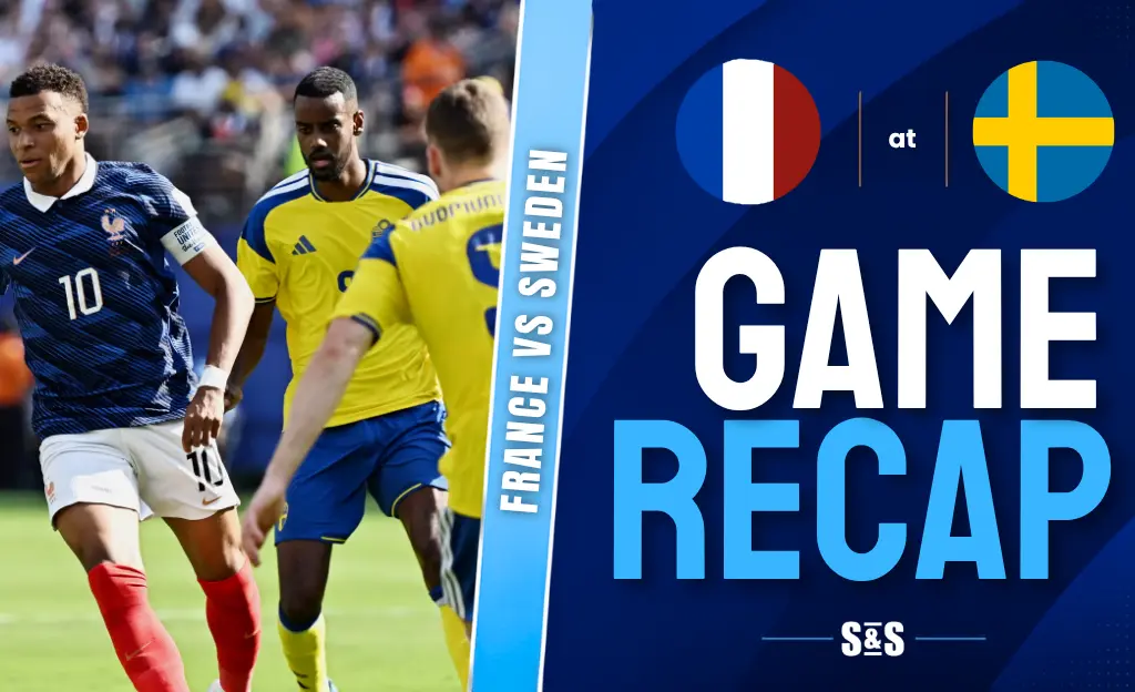 France and Sweden soccer players in action during a match, alongside graphic text "Game Recap" with France and Sweden flags.