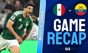 Soccer player in green Mexico jersey celebrating during Mexico vs Ecuador match with "Game Recap" text and team flags.