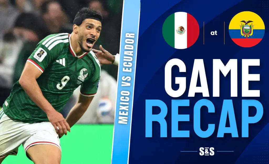 Soccer player in green Mexico jersey celebrating during Mexico vs Ecuador match with "Game Recap" text and team flags.