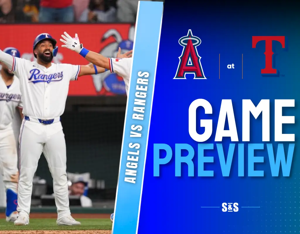 Angels vs Rangers game preview with a player celebrating.
