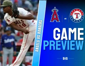 Angels vs Rangers game preview featuring a player from the Angels in action.