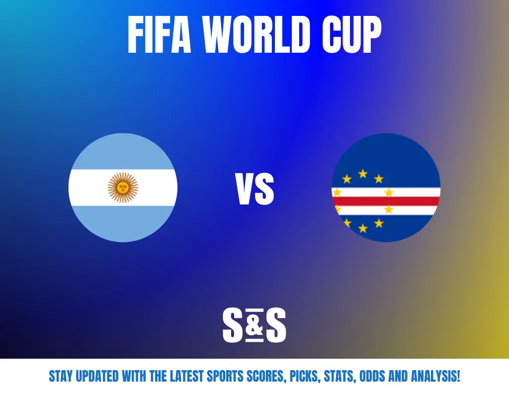 FIFA World Cup match announcement featuring Argentina and Cape Verde flags on a blue and yellow gradient background with sportsbook branding.