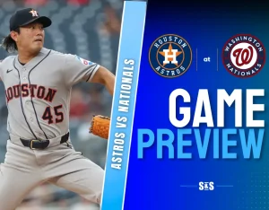 Astros vs Nationals Game Preview with a player pitching in Astros uniform.