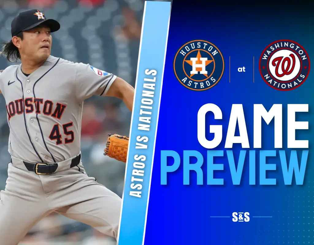 Astros vs Nationals Game Preview with a player pitching in Astros uniform.
