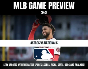 Smiling baseball player lifting helmet with text "MLB Game Preview Astros vs Nationals" and MLB logo, promoting sports scores and analysis.