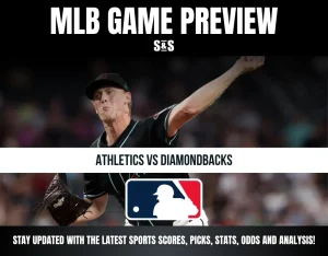 Baseball game preview graphic showing a pitcher in action for the Athletics vs Diamondbacks matchup.