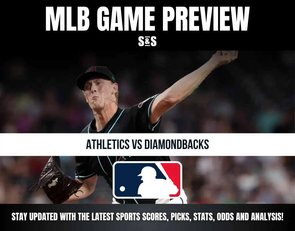 Baseball game preview graphic showing a pitcher in action for the Athletics vs Diamondbacks matchup.