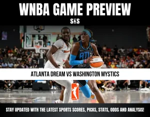 Two WNBA players from Atlanta Dream and Washington Mystics compete during a game, with text highlighting the game preview and team matchup.