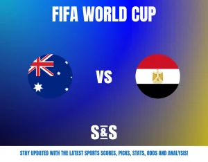 FIFA World Cup match announcement showing Australia vs Egypt flags on a blue and yellow gradient background with sports update prompt.