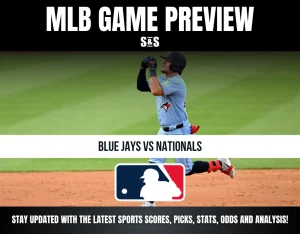MLB game preview for Blue Jays vs Nationals with a player in a Blue Jays uniform celebrating on the field.