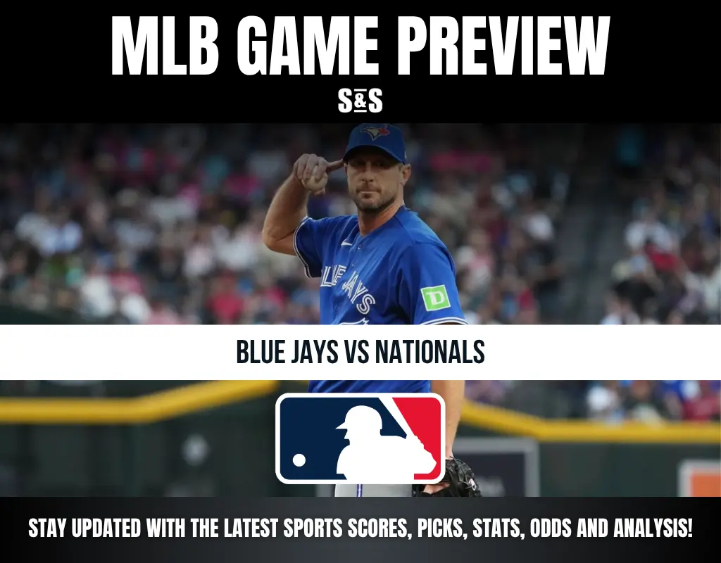 MLB game preview for Blue Jays vs Nationals featuring a Blue Jays pitcher on the mound with MLB logo and game update text.