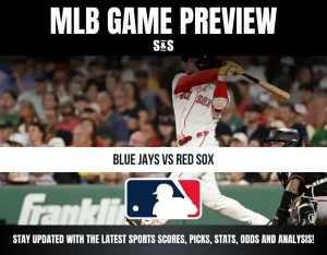 Baseball game preview for Blue Jays vs Red Sox featuring a batter mid-swing, MLB logo, and a call to stay updated on scores and stats.
