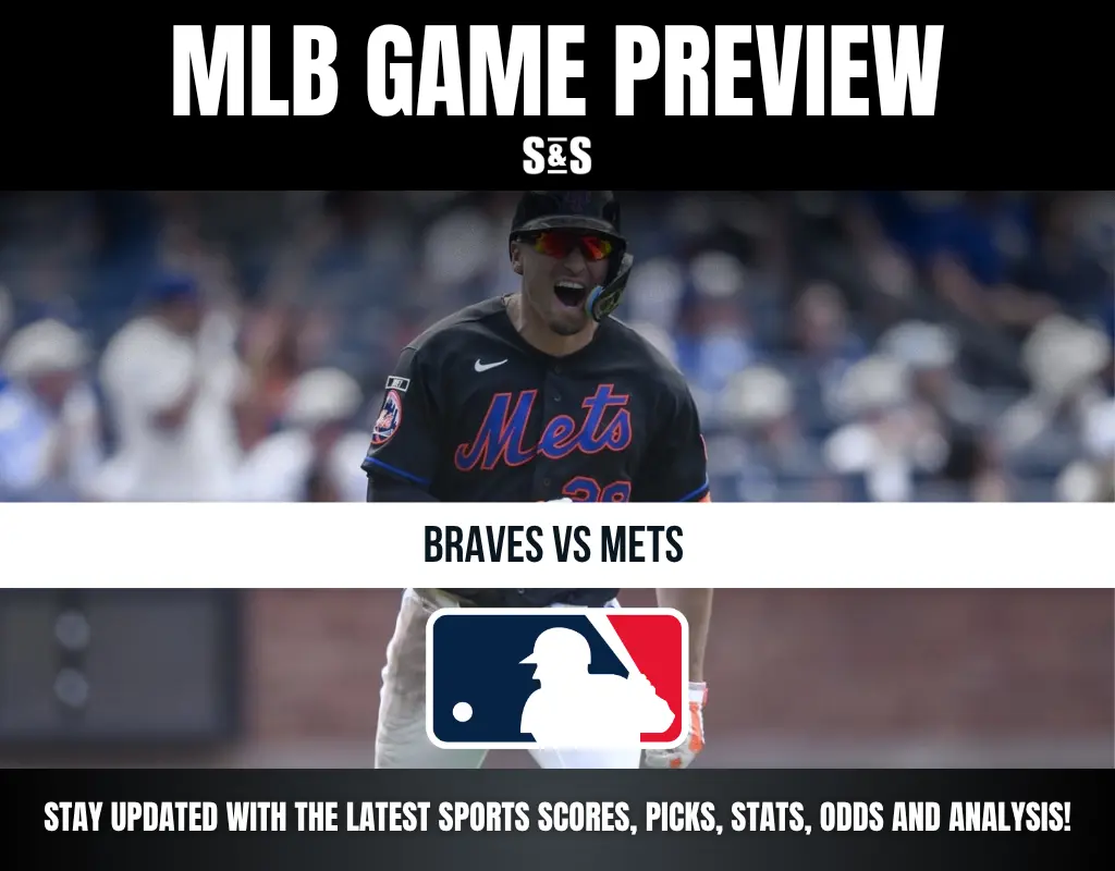 MLB game preview for Braves vs Mets featuring a Mets player celebrating, with sports scores, picks, stats, odds, and analysis info.
