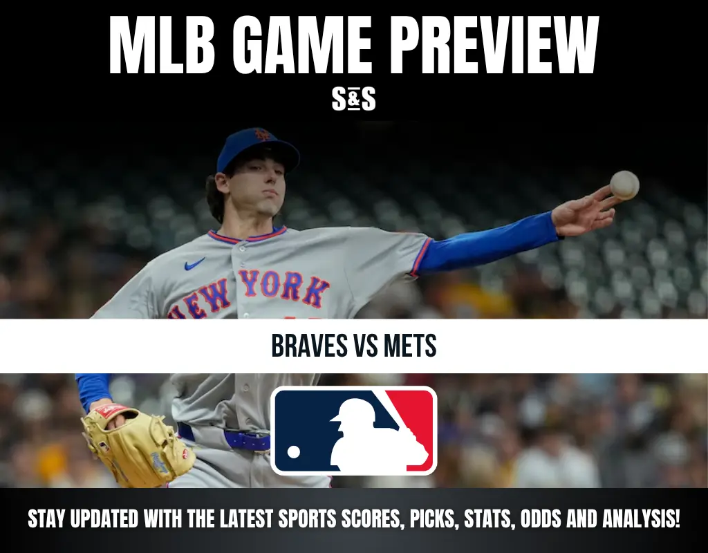 MLB Game Preview featuring Braves vs Mets with a pitcher from the New York team throwing a baseball.