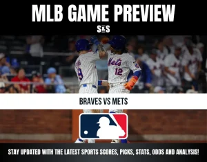 MLB game preview showing two New York Mets players celebrating, featuring Braves vs Mets matchup and MLB logo.