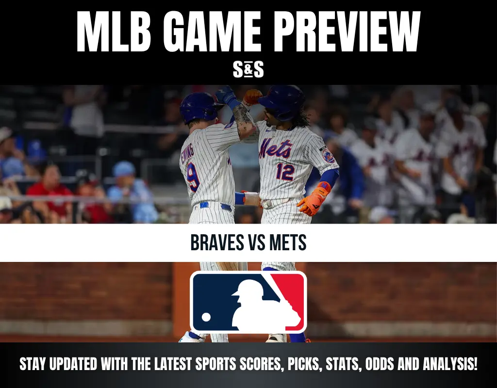MLB game preview showing two New York Mets players celebrating, featuring Braves vs Mets matchup and MLB logo.