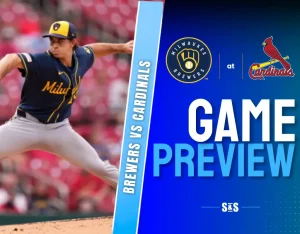 Brewers vs Cardinals game preview graphic featuring a pitcher in action.
