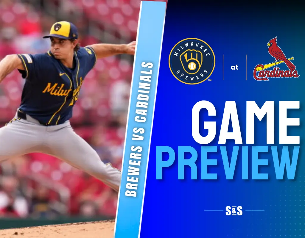 Brewers vs Cardinals game preview graphic featuring a pitcher in action.