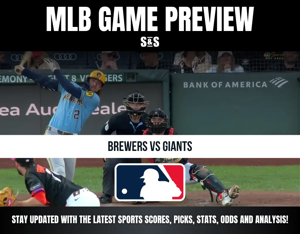 Baseball game preview showing Brewers batter swinging at Giants pitcher with catcher and umpire behind. MLB logo in center.