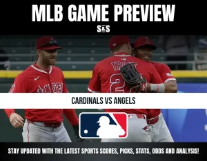 MLB Game Preview for Cardinals vs Angels featuring Angels players celebrating on the field, with sports update information.